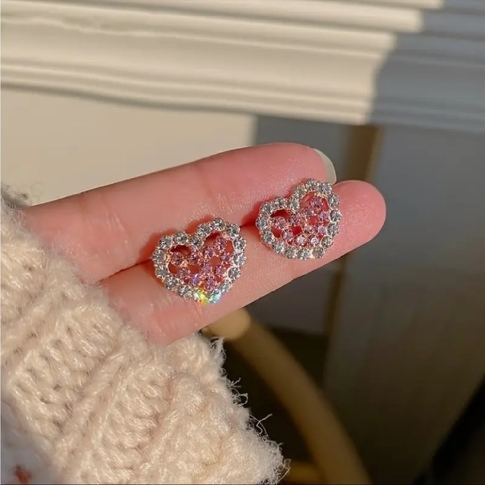 Pink Crystal Heart Stud Earrings Sparkling Rhinestone Valentine Jewelry NWT